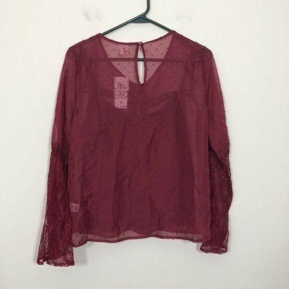Self Esteem Top Women Size L Burgundy Layered Sheer Swiss Dot Lace Bell Sleeve - Picture 2 of 3